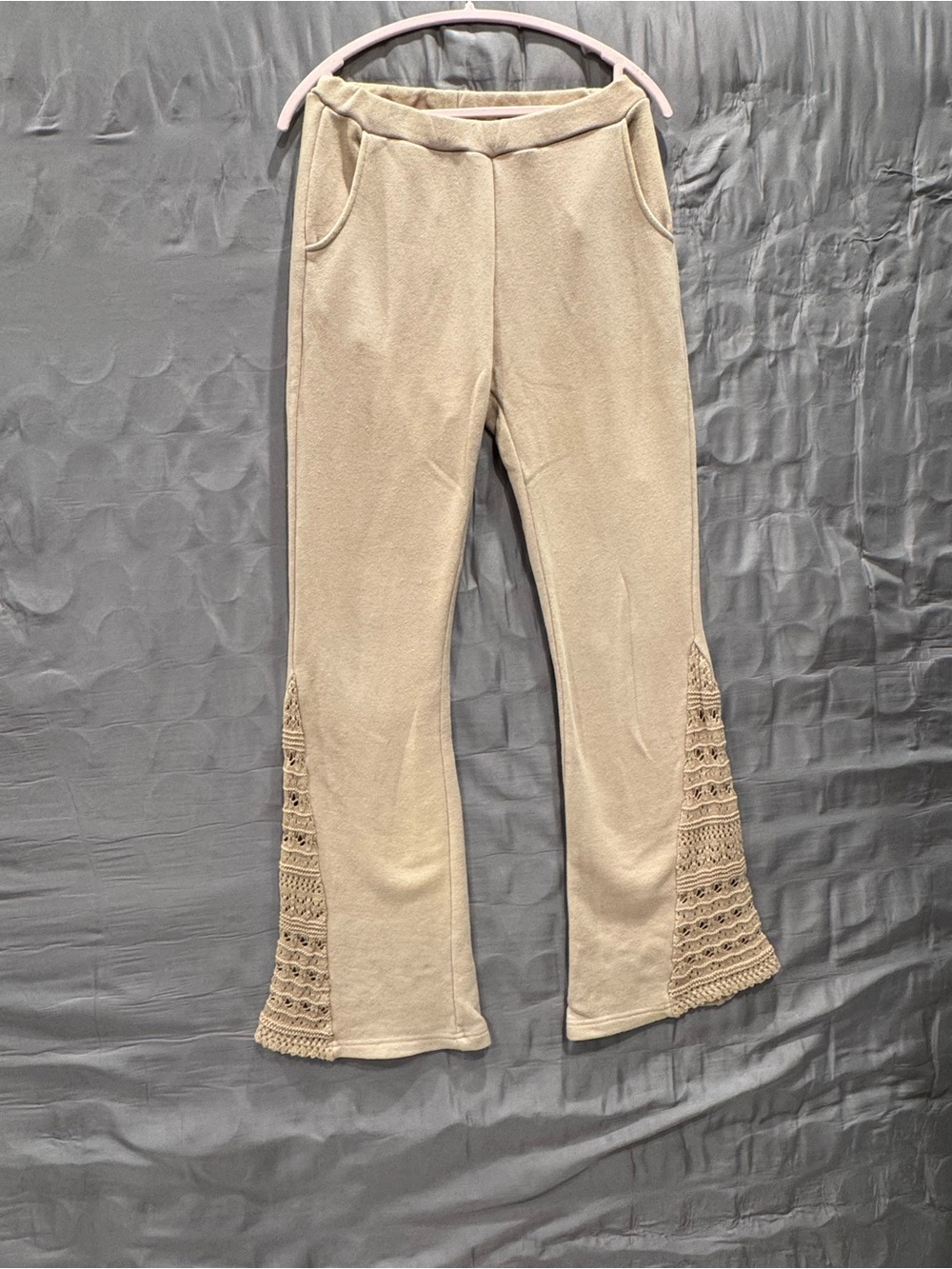 Vintage Havana Beige Knit Flare Pants with Crochet Trim